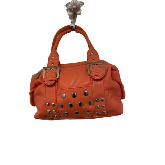 Orange Studded Synthetic Plastic Double Strap Zip Closure Hand Bag Purse - Picture 6 of 8